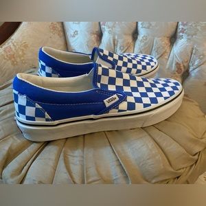 Vans slip on blue and white checkered